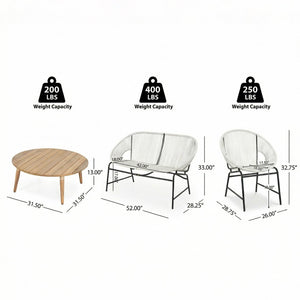 English Elm Nusa Outdoor Pe Rattan Conversation Set with Acacia Wood Coffee Table Patio White NUSA4PCSET-WHI