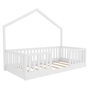 English Elm Twin Montessori Floor Bed House Frame with Led Lighting and Safety Rails for Kids White W2593P440594