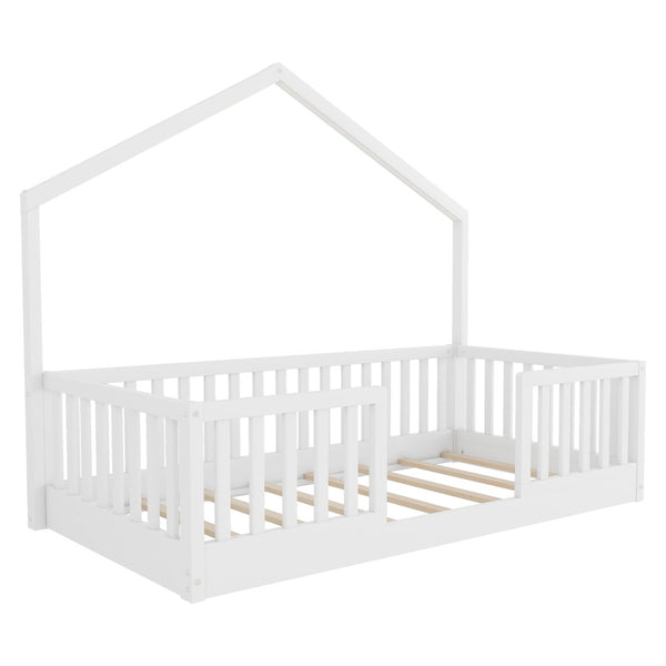 English Elm Twin Montessori Floor Bed House Frame with Led Lighting and Safety Rails for Kids White W2593P440594