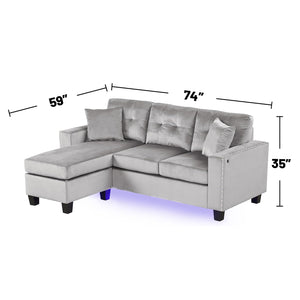 English Elm Velvet Reversible Sectional Sofa with LED Lights, Tufted Cushions, Nailhead Trim & Throw Pillows B016P406026