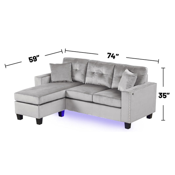 English Elm Velvet Reversible Sectional Sofa with LED Lights, Tufted Cushions, Nailhead Trim & Throw Pillows B016P406026