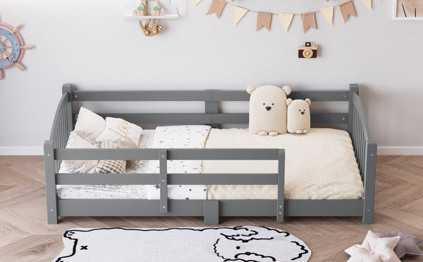 English Elm Twin Montessori Floor Bed Solid Pine Frame with Safety Guardrails for Kids Bedroom Gray N733P400298E