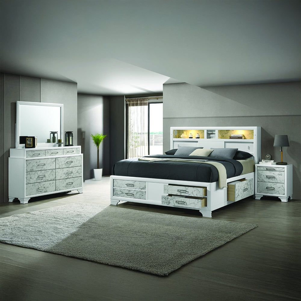 English Elm Soul Modern Full Bed with White Marble-Panel Drawers, LED Headboard Light, USB-C & Bluetooth Sound B009S01621