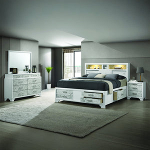English Elm Soul Modern Full Bed with White Marble-Panel Drawers, LED Headboard Light, USB-C & Bluetooth Sound B009S01621