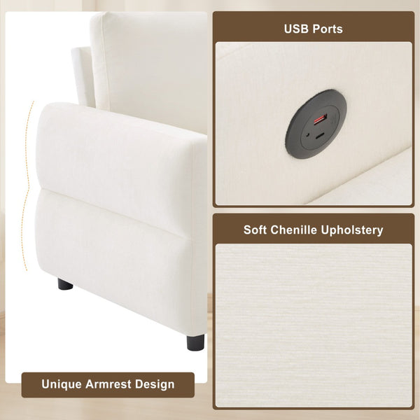 English Elm Convertible Chenille Sleeper Loveseat with Usb Ports and Reclining Backrest for Small Spaces Beige N719P390439A