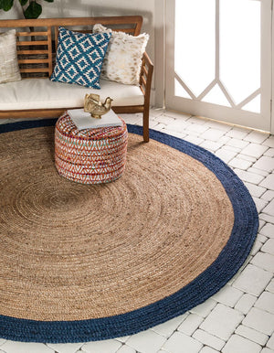 Unique Loom Braided Jute Goa Hand Braided Border Rug Natural, Navy Blue 8' 0" x 8' 0"