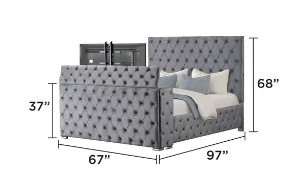 English Elm Encore Modern Queen Bed With Tufted Headboard And Hidden Tv Compartment In Stylish Gray Upholstery B009S01679