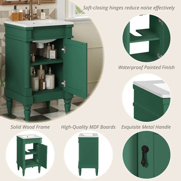 English Elm 18-Inch Modern Bathroom Vanity with Sink Compact Retro Design Durable MDF & Solid Wood Legs Storage-Friendly Green N710P257401F