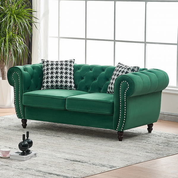 English Elm 67"Chesterfield Velvet 2-Seater Sofa with Nailhead Trim, Roll Arms, Hardwood Frame, Luxurious Comfort Green W3373S00049