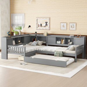 English Elm L-shaped Twin Platform Bed with Trundle, Solid Wood Corner Sleeper with Drawers, Shelves, No Box Spring Needed Grey W1580S00260