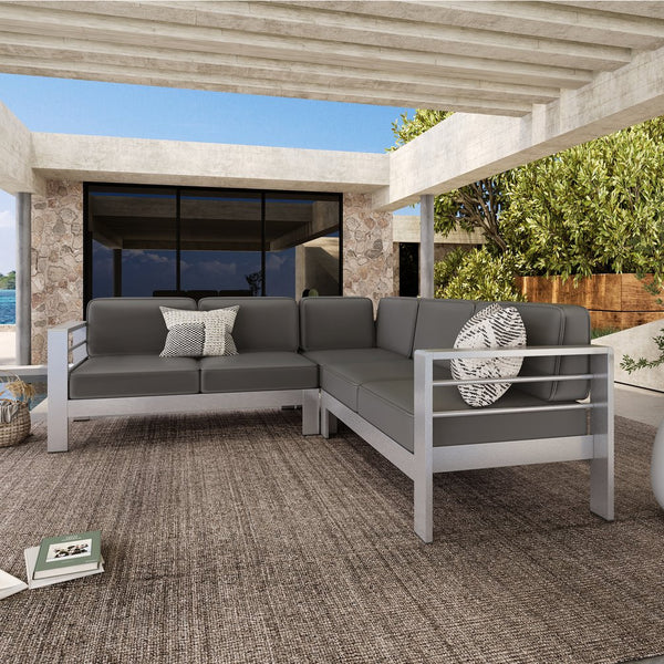 English Elm Christopher Knight Home® - Outdoor 4-Person Aluminum Patio Sectional Set – Modern Khaki/Silver-Grey, Waterproof Cushions, Rust-Resistant Frame N757S357589K