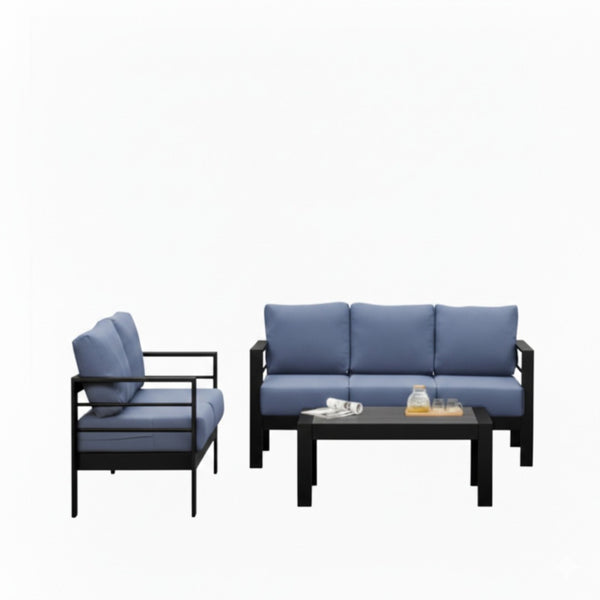 English Elm 3-piece Outdoor Aluminum Conversation Set with Deep Cushions and Wpc Coffee Table Blue B082S00095