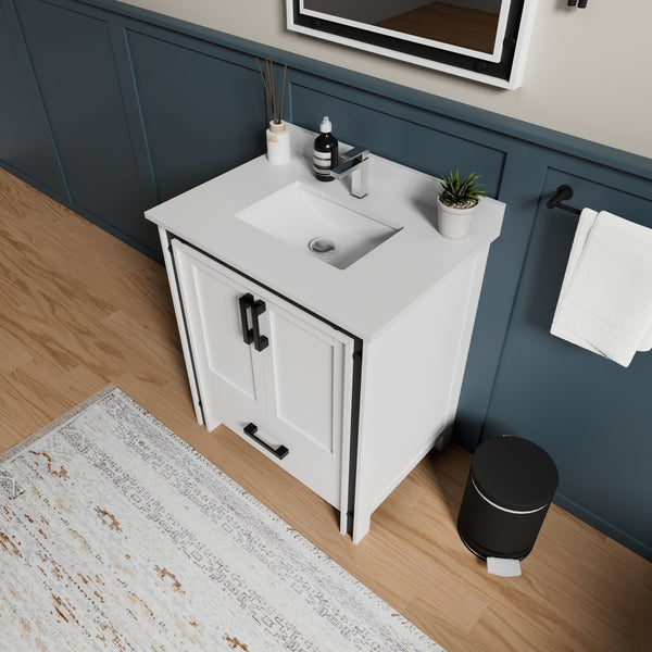 English Elm White Bath Vanity 30" W x 22" D with Cultured Marble Top, Chrome Faucet & 28" Mirror, Scratch‑Resistant B2731S01354