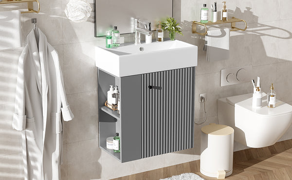 English Elm 21.6" Modern Floating Bathroom Vanity With Ceramic Sink & Open Shelving - Space-Saving Design! N729P170390E