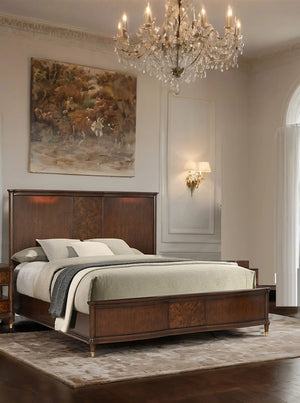 English Elm Transitional Eastern King Panel Bed Rubberwood Burl Veneer Gold Accent Feet B2741S00796