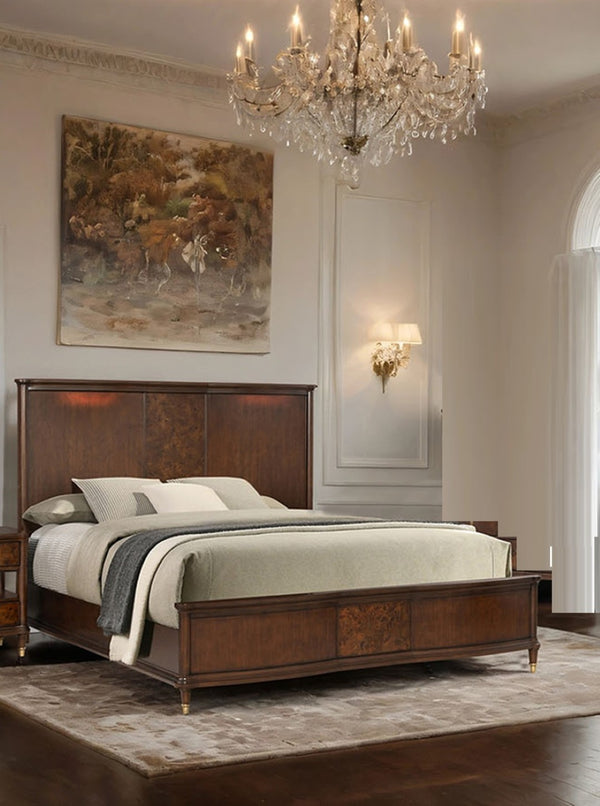 English Elm Transitional Eastern King Panel Bed Rubberwood Burl Veneer Gold Accent Feet B2741S00796