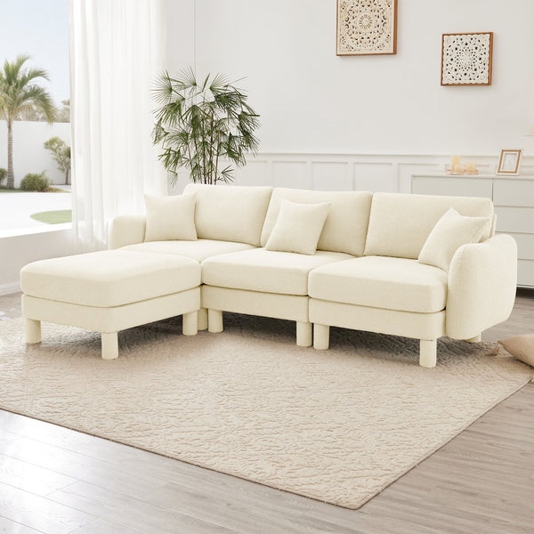 English Elm Boucle Fabric L-Shaped Sectional Sofa – Stylish 3-Seater With Shell Armrests & Removable Ottoman, Beige W3041S00277