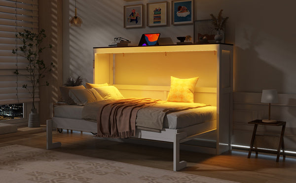 English Elm Twin Size Murphy Bed With Led Light – Stylish Space-Saving Wall Bed In White & Brown Cabinet Design N7090004013K-GIGA