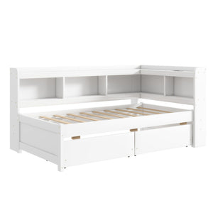 English Elm Twin L-Shaped Bookcase Bed With Usb Charging, Two Drawers & Modern White Finish For Smart Storage W504S00244-GIGA