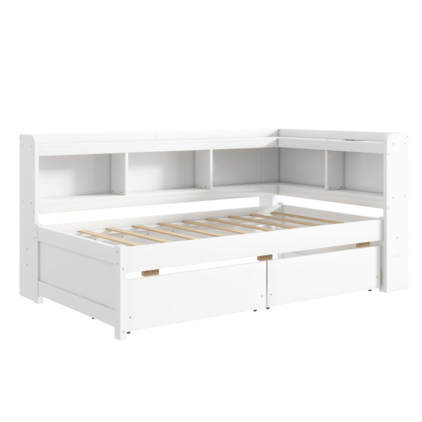 English Elm Twin L-Shaped Bookcase Bed With Usb Charging, Two Drawers & Modern White Finish For Smart Storage W504S00244-GIGA
