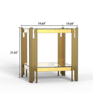 English Elm Top Gold Double-Tier Tempered Glass End Table with Mirror-Finish Stainless Steel Frame, Luxe Storage W1241P244704