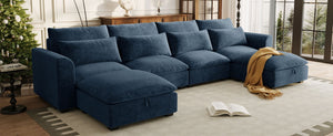 English Elm U_style Modular U-shaped Sectional Sofa with Storage Ottomans Linen Polyester 6 Seat Blue WY000462AAC