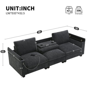 English Elm 96*35''Chenille Multifunctional Sectional Sofa with Bluetooth Speakers, Drop Table, USB Ports & Storage Dark Gray N723S9750B
