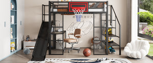 English Elm Full Full Size Metal Loft Bed with Built-In Desk, Slide, Basketball Hoop and Open Wardrobe Storage Black GX001524AAB