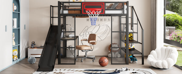 English Elm Full Full Size Metal Loft Bed with Built-In Desk, Slide, Basketball Hoop and Open Wardrobe Storage Black GX001524AAB