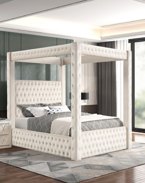 English Elm 1pc Majestic Canopy Four-Poster Queen Bed with Tufted Velvet Headboard & Footboard, Luxurious Statement Ivory 62 L x 45.25 W x 7 H B2741S00130