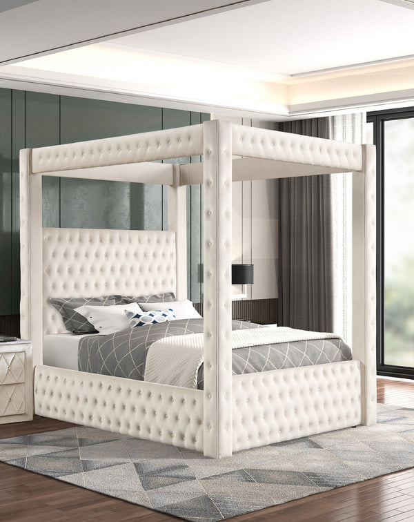 English Elm 1pc Majestic Canopy Four-Poster Queen Bed with Tufted Velvet Headboard & Footboard, Luxurious Statement Ivory 62 L x 45.25 W x 7 H B2741S00130