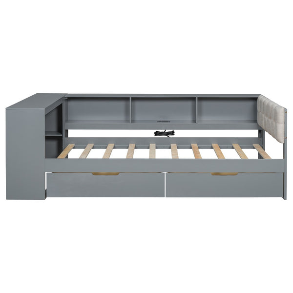 English Elm Wood Twin Size Platform Bed With Storage, Charging Station & Upholstered Headboard - Gray Design GX002107AAE-1-GIGA