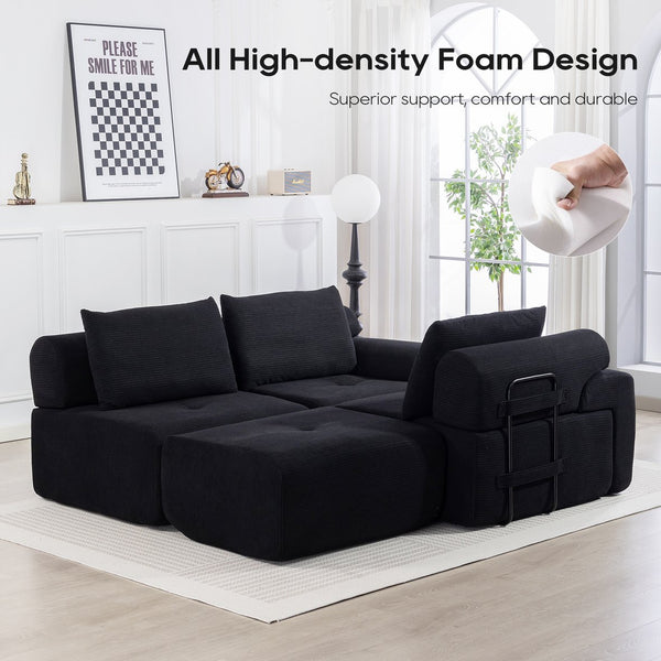 English Elm L-Shaped Convertible Sectional Sofa with Memory Foam, Steel Frame, No Assembly, Corduroy Comfort Black W2959S00016