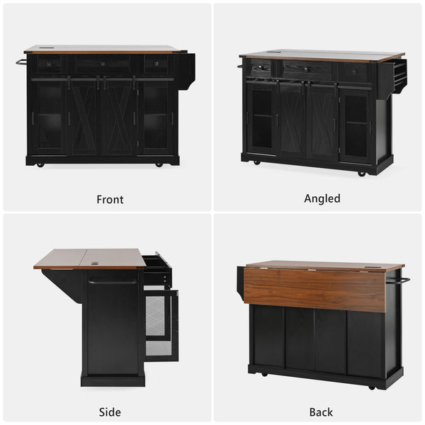 English Elm K&K 58" Farmhouse Kitchen Island with Sliding Barn Door, Drop Leaf, Glass Rack, Locking Wheels, Power Black N707P349811B