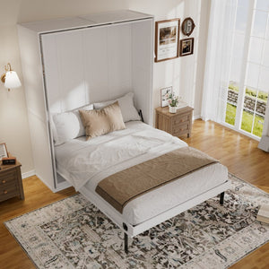 English Elm Rotating Queen Murphy Wall Bed with 14 Open Shelves Hydraulic Lift Space Saving White LP000962AAK