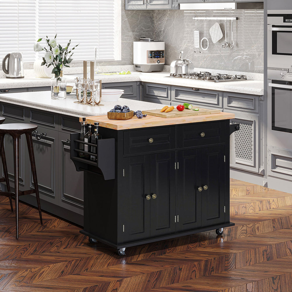 English Elm HOMCOM Mobile Kitchen Island Cart with Rubberwood Butcher Top, Locking Casters, Drawers & Shelves for Organized Prep and Storage Black W2225P173892
