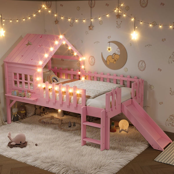 English Elm Twin Playhouse Loft Bed Solid Pine Frame with Slide Led Lights and Star Roof Pink W5316S00003
