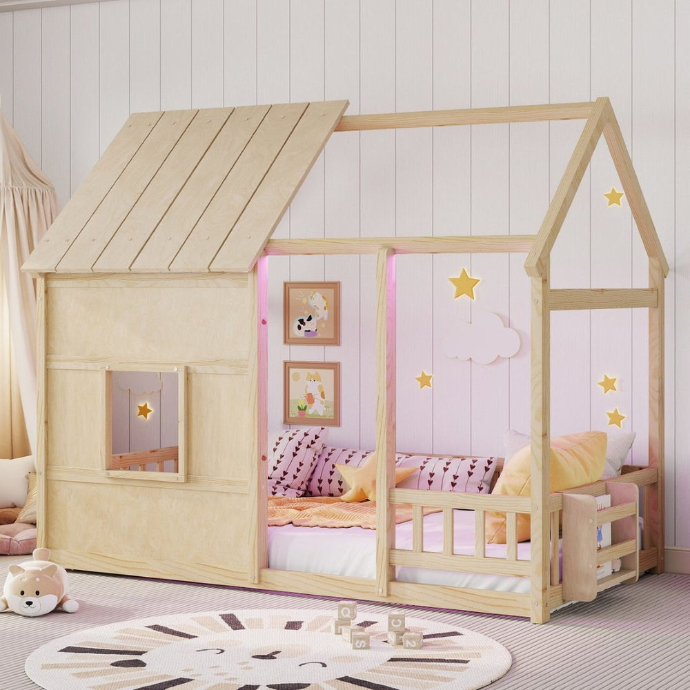 English Elm Twin House Frame Floor Bed Pinewood Build with Led Roofline Kids Bedroom Natural W697P435882