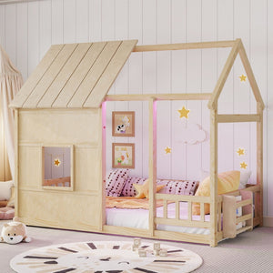English Elm Twin House Frame Floor Bed Pinewood Build with Led Roofline Kids Bedroom Natural W697P435882