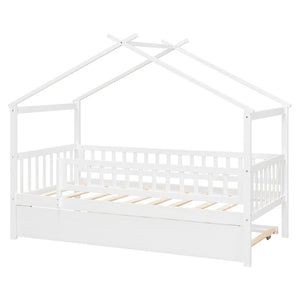 English Elm Twin House Bed with Trundle Solid Pine Frame Walnut Kids Bedroom Sleepover N708P357115K