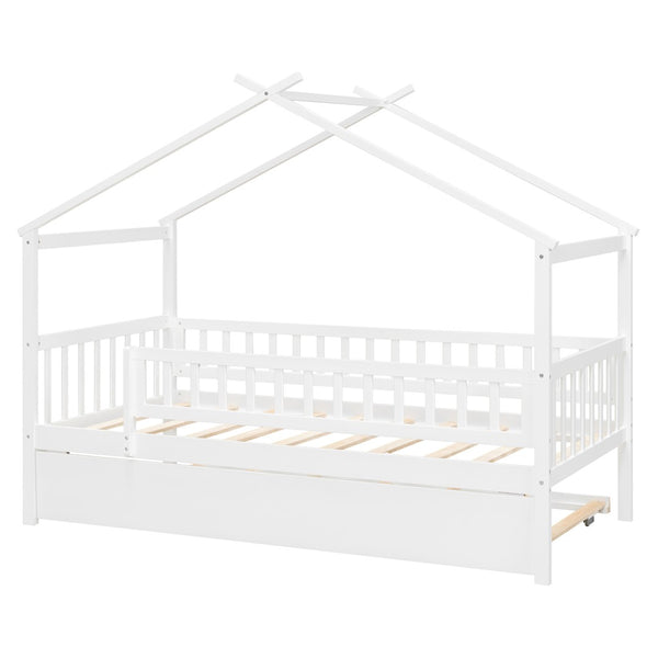 English Elm Twin House Bed with Trundle Solid Pine Frame Walnut Kids Bedroom Sleepover N708P357115K