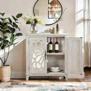 English Elm Elegant Mirrored Sideboard with Butterfly Carved Doors Wood Grain Finish Dining Storage Light Gray W2899P372740