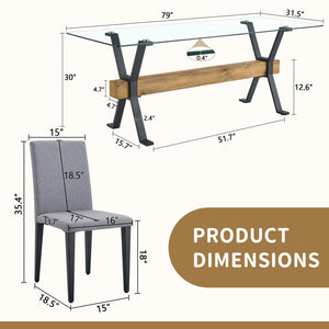 English Elm Table And Chair Set – Modern 79" Tempered Glass Dining Table With 6 Stylish Light Gray Chairs W1151S03618-GIGA