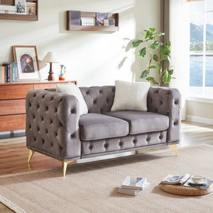 English Elm Fx Velvet Chesterfield Sofa Button Tufted Diamond Quilted Design with Accent Pillows Grey W1926S00089