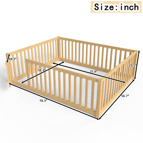 English Elm Twin Floor Bed Pine Wood Frame with Guardrails and Door for Safe Toddler Sleep Natural W1580P417671