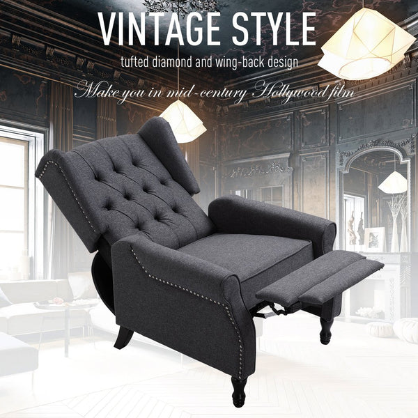 English Elm HOMCOM Vintage Tufted Wingback Recliner Chair with Retractable Footrest, Linen Upholstery, Grey - Adjustable Comfort and Solid Frame W2225P217220