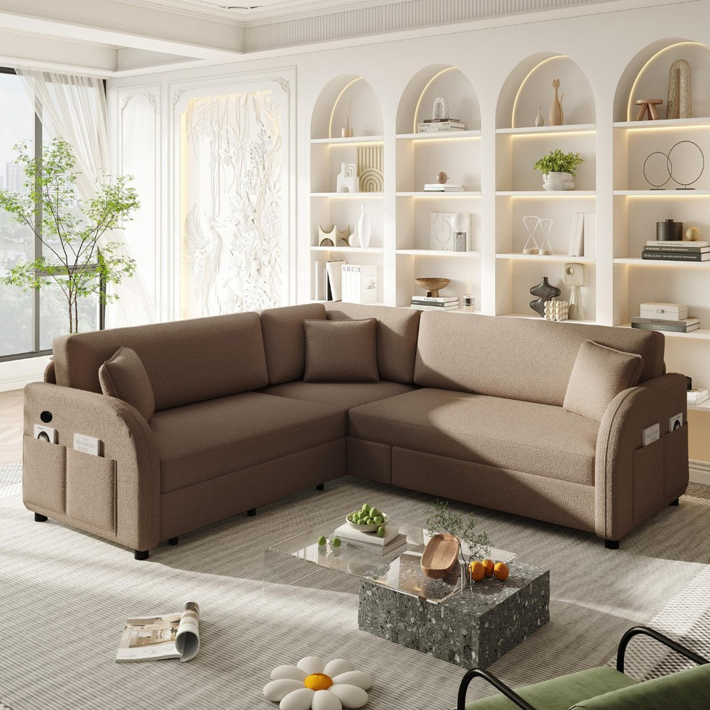 English Elm 85.1" Teddy Plush L-shaped Sectional Sleeper Sofa with Usb Ports and Pull Out Bed Brown W1885S00321