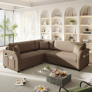 English Elm 85.1" Teddy Plush L-shaped Sectional Sleeper Sofa with Usb Ports and Pull Out Bed Brown W1885S00321