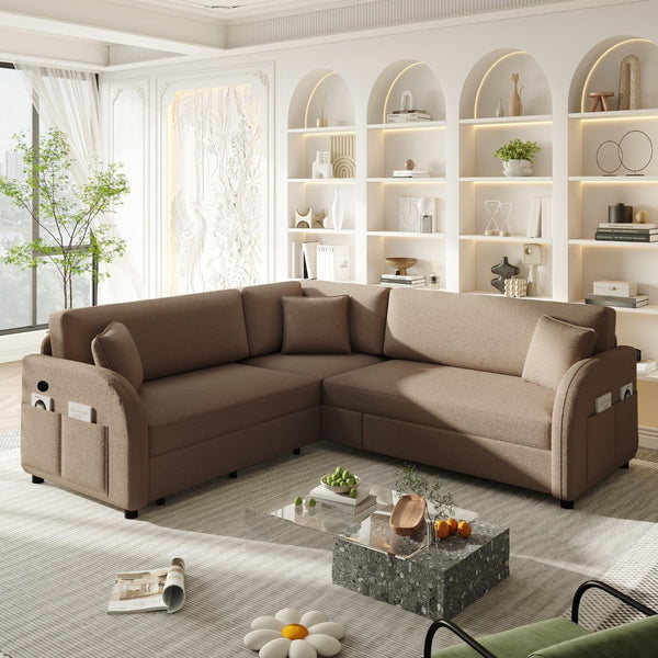 English Elm 85.1" Teddy Plush L-shaped Sectional Sleeper Sofa with Usb Ports and Pull Out Bed Brown W1885S00321