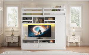 English Elm Full Size Loft Bed with Led Lighting Wardrobe Drawers and Shelves for Teen Rooms White LT000499AAK